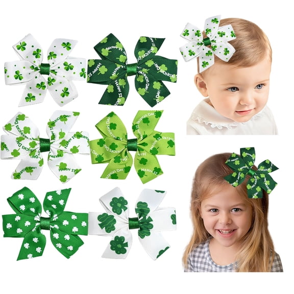 JoyBowie 6 pack 3.5 inch St Patricks Day hair bows, clover print baby bows with clips for girls toddlers