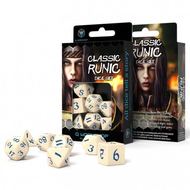 Q-workshop QWOSCLR1Z dés Classiques Runic, Beige & Bleu - Ensemble de 7