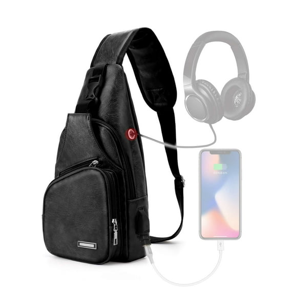 LAVA Men's Leather Sling Bag Waterproof One Shoulder Crossbody Bag for Travel Hiking Gym Black