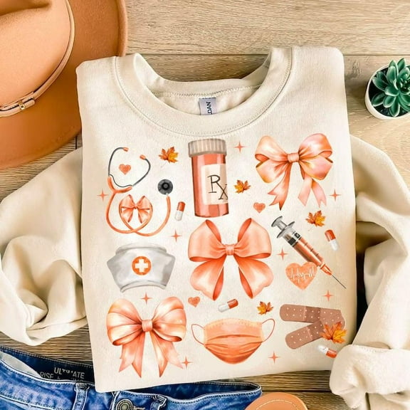 Fall Nurse Coquette Sweater, Retro Nurse Bow Pullover, Nurse Pumpkins Autumn Coquette Sweatshirt