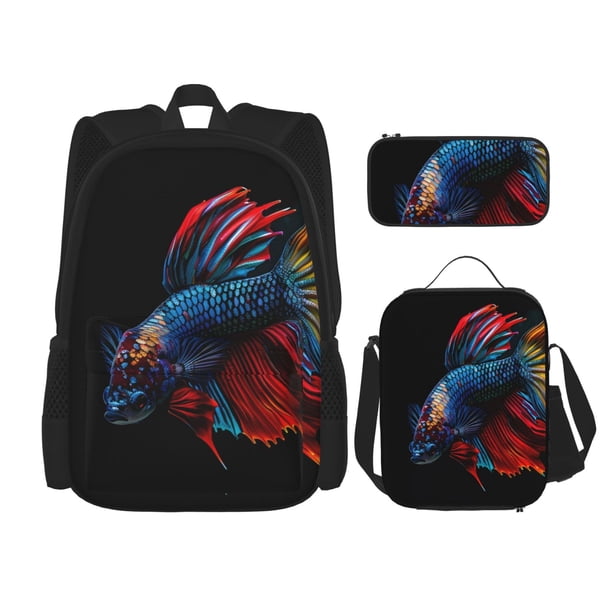 Easygdp Colorful Betta Fish Mochila para Niños y Niñas con Set de Caja de Almuerzo y Estuche para Lápices 3 en 1, Mochila Escolar Estampada para Adolescentes