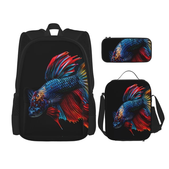 Easygdp Colorful Betta Fish Mochila para Niños y Niñas con Set de Caja de Almuerzo y Estuche para Lápices 3 en 1, Mochila Escolar Estampada para Adolescentes