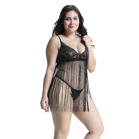 Women Lace Babydoll V-neck Chemise Sleepwear Sexy Open Back Lingerie Black S