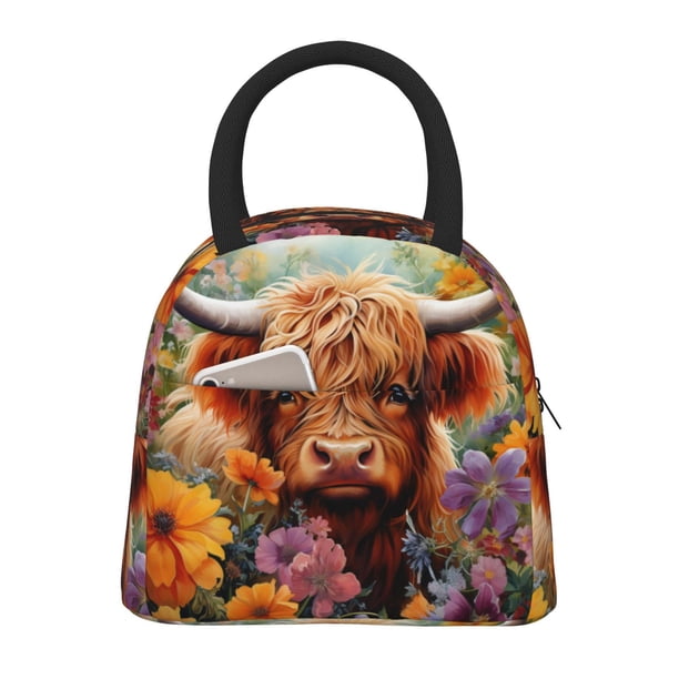 Balery Countryside Colorful Floral Cow Bolsa de Almuerzo para Mujeres, Caja de Almuerzo, Bolsa de Almuerzo Pequeña Impermeable, Tote de Almuerzo Reutilizable con Gran Capacidad
