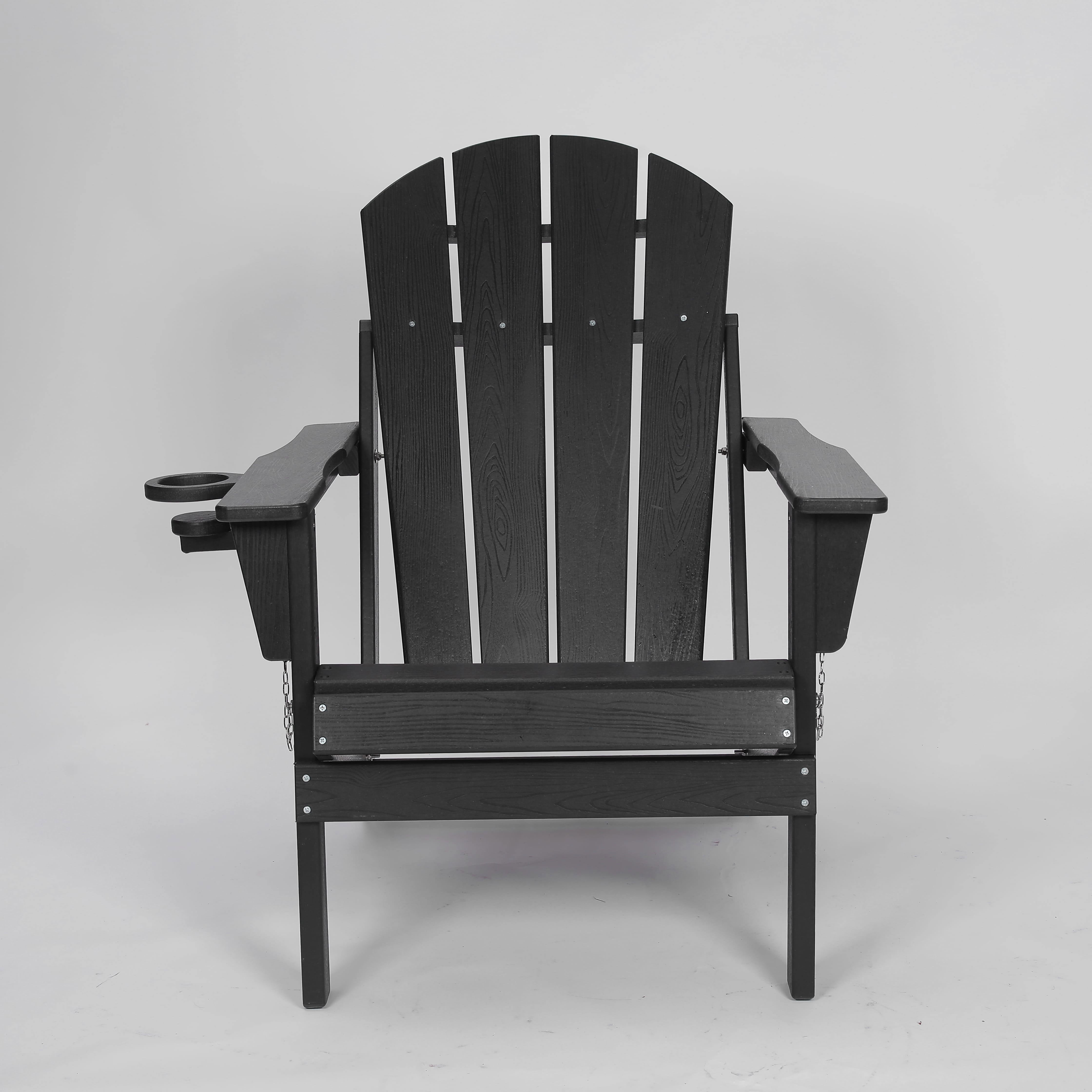 Resenkos HDPE Folding Adirondack Chair with Dual Cup Holder, Wood Look Composite Outdoor Seating for Patio and Deck, Black