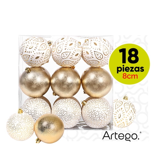Esferas para árbol de navidad Artego de 8 cm de diámetro paq 18 esferas Dorado *Línea Detail Con: 2 estilos emboss y un cromado, para colgar Christmas ornaments