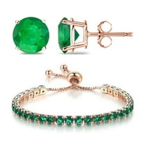 10k Rose Gold 7 Ct Emerald Round Adjustable Tennis Bracelet and Earrings Set Women Plated by Paris Jewelry