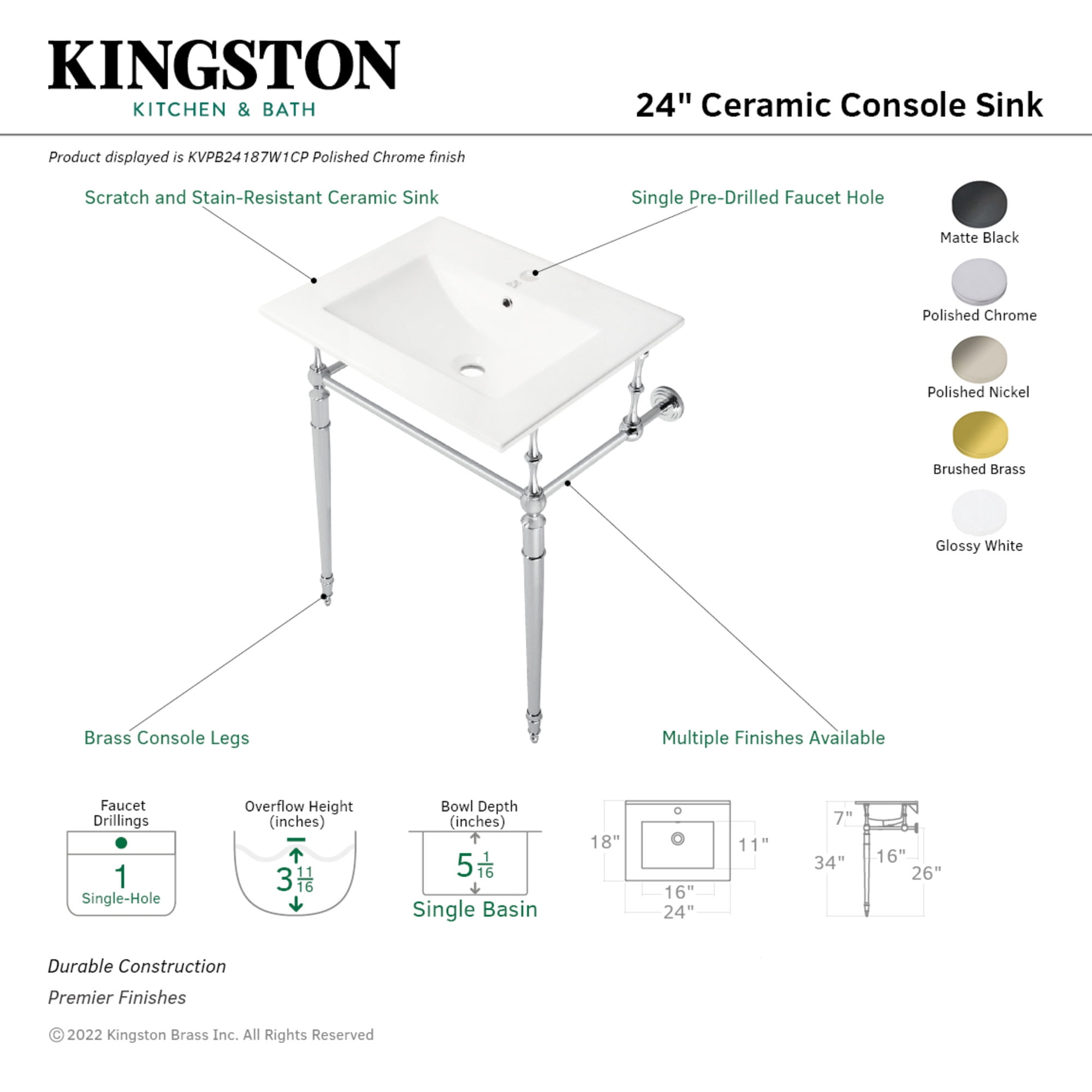 Kingston Brass KVPB24187W1BB Edwardian 24" Ceramic Console Sink with Brass Legs (1-Hole), White/Brushed Brass