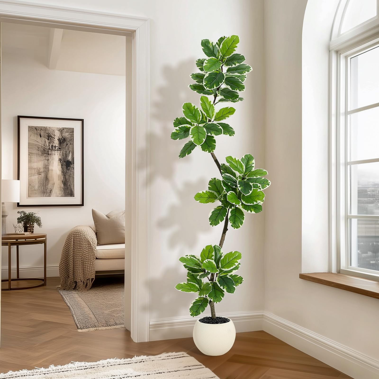 Litake Fiddle Leaf Fig Tree Artificial Indoor, 6 ft Tall Faux Rubber Tree with Sphere Planter, Tall Artificial Plants with Moss for Home Decor Office Living Room