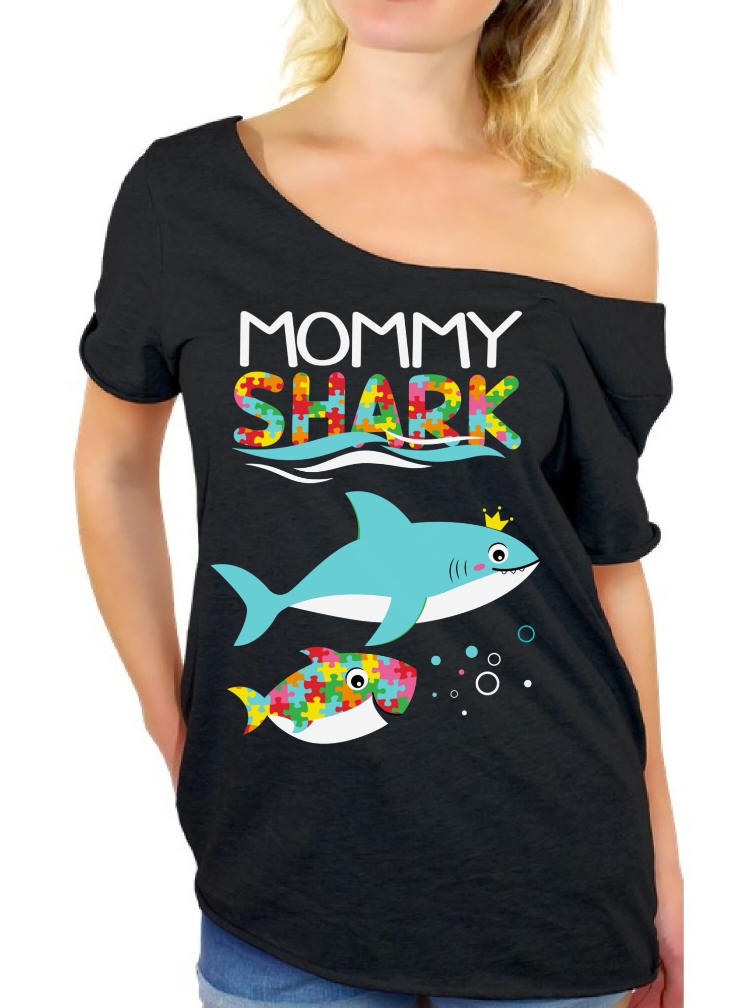 Awkward Styles Mommy Shark Off Shoulder Top for Women Autism Puzzle