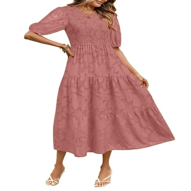 EIMELI Femmes Été Soufflé Manches Robe Smocked Floral en Vrac Fluide Robe Haute Taille Dentelle Floral Étagé Midi Robe Bleu Ciel XL