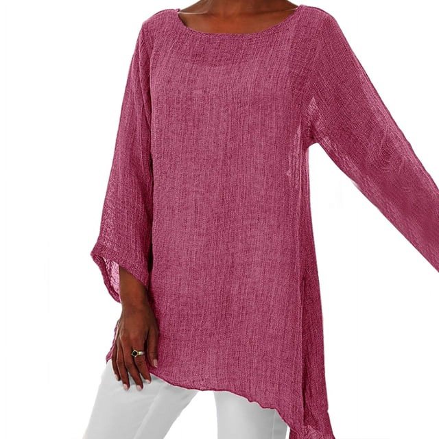 JUNWELL Hot Blouse Women Solid Color Cotton Linen O-Neck Long Sleeve Irregular Tunic Top Spring Summer Oversized Shirts