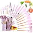thumbnail image 1 of Kitchen Utensil Set, 20-Piece Pink Cooking Utensils with Knife Block Set, Non-Stick Silicone Spatula Set with Cutting Board, Scissors, Spoon, Tongs, Kitchenware Set with Utensils Holder (Pink), 1 of 8
