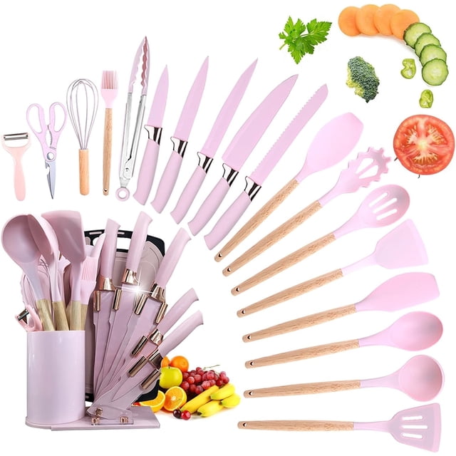 Kitchen Utensil Set, 20-Piece Pink Cooking Utensils with Knife Block Set, Non-Stick Silicone Spatula Set with Cutting Board, Scissors, Spoon, Tongs, Kitchenware Set with Utensils Holder (Pink)