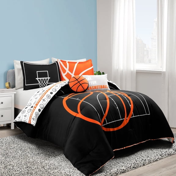 Lush Decor Basketball Reversible Oversized Comforter Set - Black and Orange - 5 Piece Kids Bedding Set, Full / Queen
