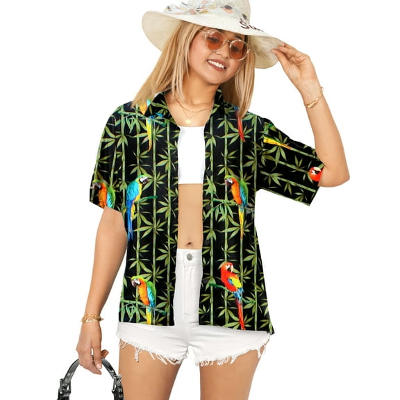 LA LEELA Women's Casual Beach Short Sleeve Blouse Shirt Blouses Button Down Dress Tops Tee Hawaiian Shirts for Women S Cockatoo, Green