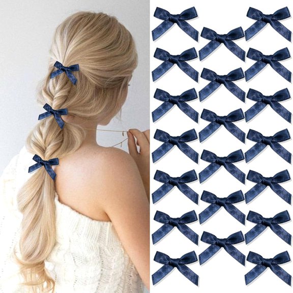 20PCS Navy Blue Mini Hair Bows Small Bows for Hair Silky Satin Bows for Women Cute Hair Ribbon Bowknot Barrettes Metal Alligator Hair Bow Clips Accessories for Teens and Girls