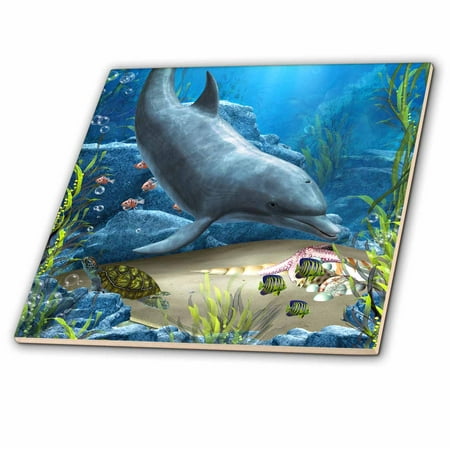 - 3dRose A dolphin swims in the ocean with turtle fishes and more - Ceramic Tile, 4-inch
