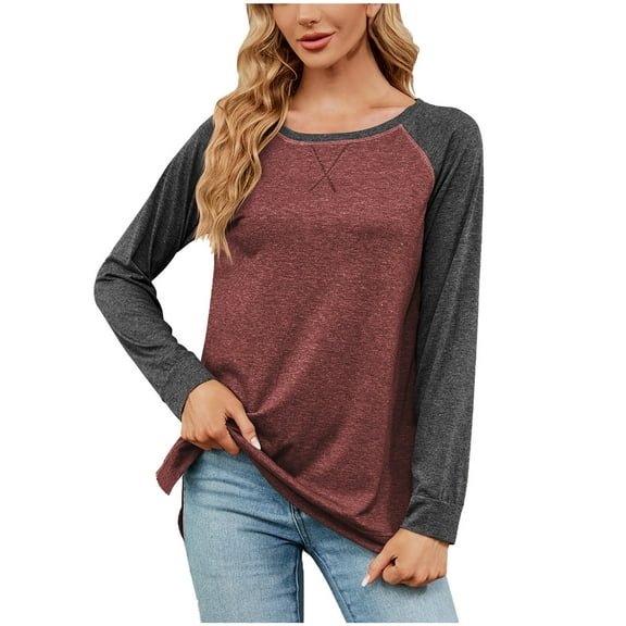 BLVB Women's Fall Long Sleeve Side Split Loose Blouses Casual Crewneck Pullover Tunic Tops Comfy T Shirts Trendy Clothes Wine