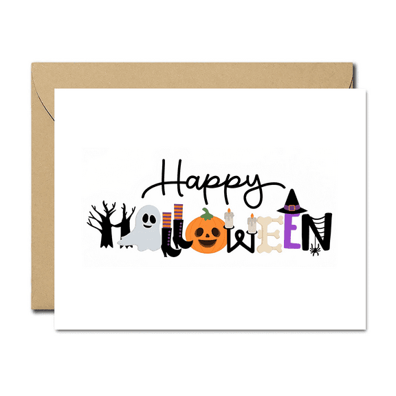 Happy Halloween Card – Colorful Ghosts, Pumpkins, and Witch Design – Blank Inside with Envelope Included – Perfect Halloween Greeting for Friends and Family