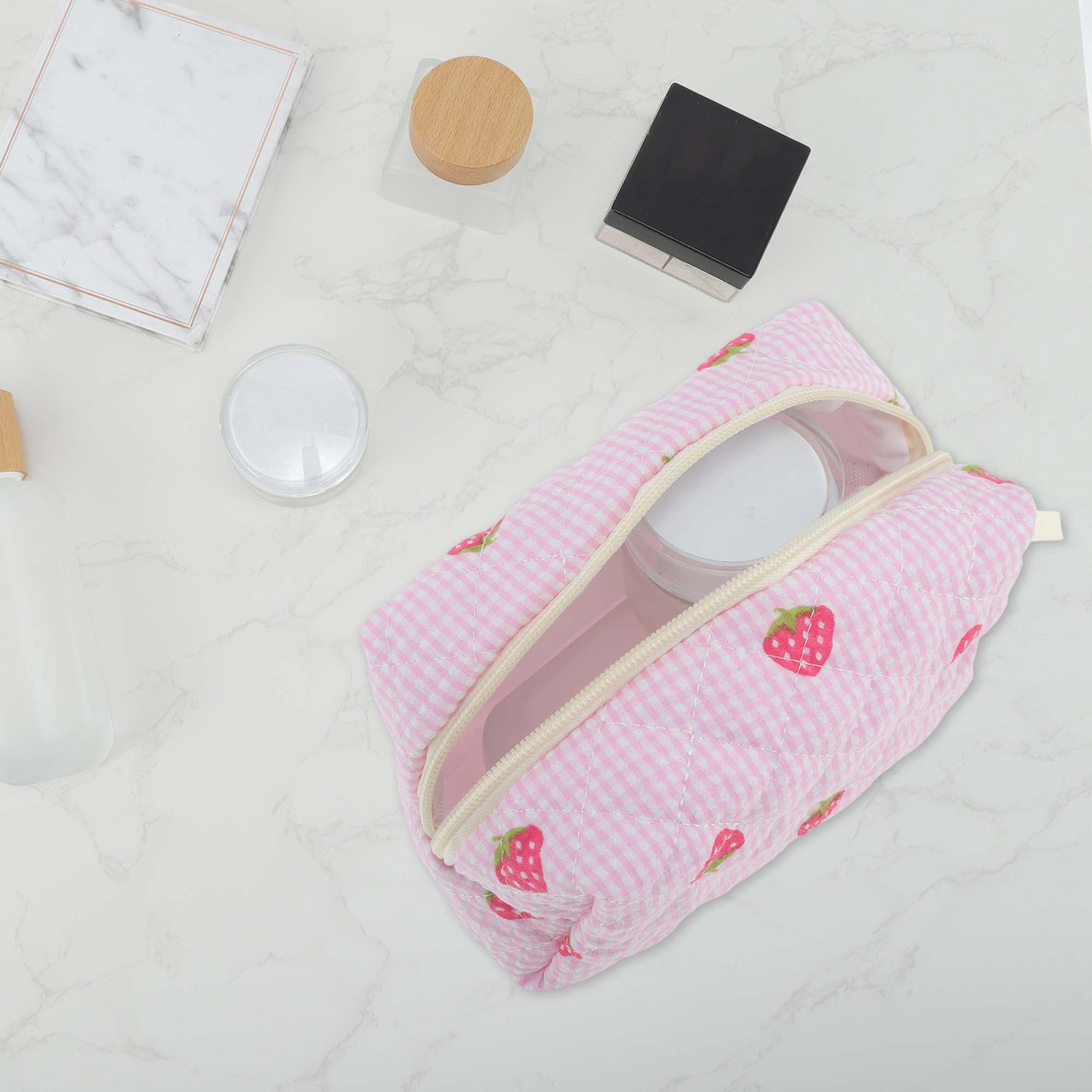 Unique Bargains 1 Pc Strawberry Makeup Bag Pink [Quilted Stripe Strawberry Square]