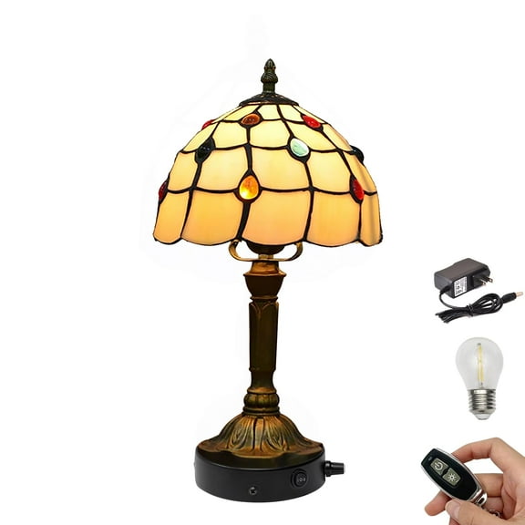Kiven Cordless Table Lamp,1-Light Dimmable Bedside Lamps for Nightstand with Pink Glass Lampshade, Tiffany-Style Rechargeable Desk Lamp for Reading Home Decor Bedside TD0778