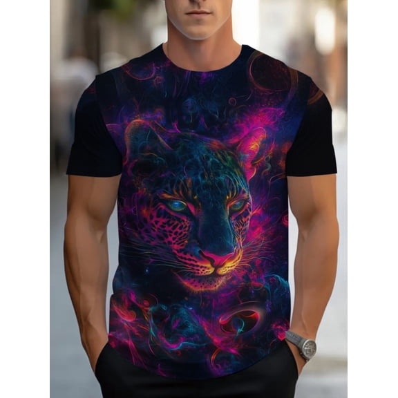 Men's Vivid Leopard Print T-Shirt - Fashionable Black Short Sleeve with Neon Blue and Pink Swirl Design, Comfortable Regular Fit for Casual Summer Wear