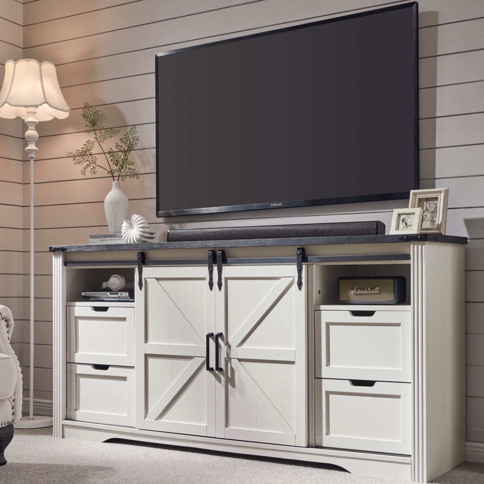 T4TREAM Farmhouse TV Stand for TVs up to 80", Entertainment Center with 30" Electric Fireplace and Sliding Barn Door&4 Drawers Storage Inside, Off White