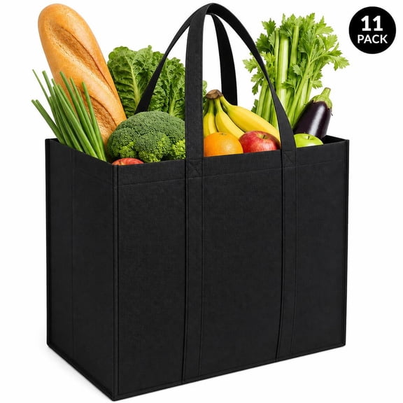 Unisex Heavy Duty Foldable Non-Woven Fabric Grocery Tote Bag, 11-Piece, Black