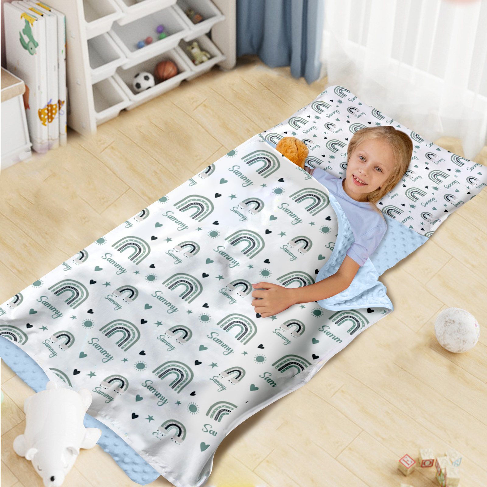AOLOA Custom Toddler Nap Mat, Personalized Baby Name Sleeping Bag for Preschool Daycare Kinder, Sleeping Mat Bedding Set with Blanket Pillow, Green Rainbows Portable Nap Sacks for Infant Girls Boys