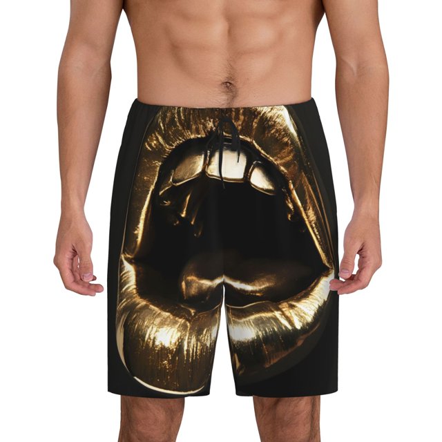 Balery Golden Lips Modern Sculpture Pantalones cortos de pijama de punto de algodón para hombre con cinturilla y bolsillos-XX-Large