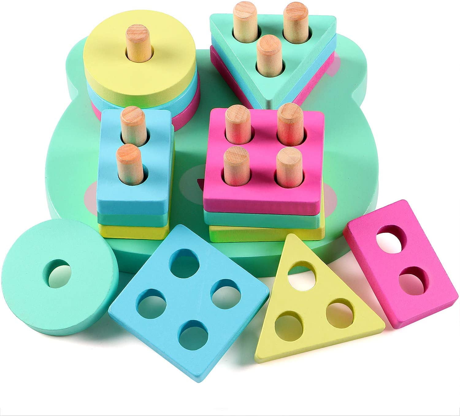 Wooden Educational Stacking Blocks Toys Geometry Shape Sorting Puzzles Board Q 
