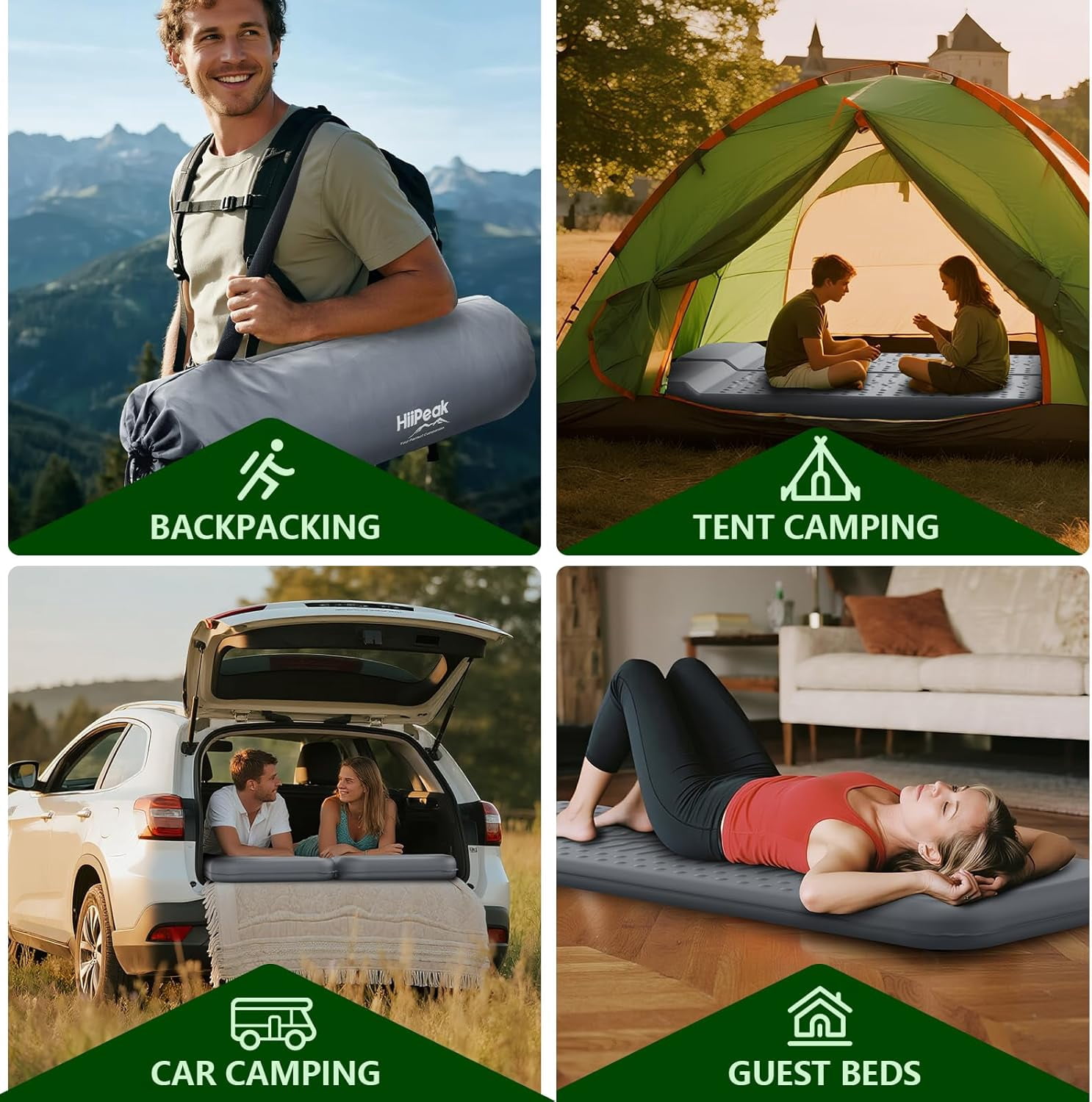 Memory Foam Sleeping Pad, Compact 3 Inch Thick Camping Mattress with Pillow, 9.5 R-Value Insulated Inflatable Sleep Mat for Backpacking Hiking Car Tent