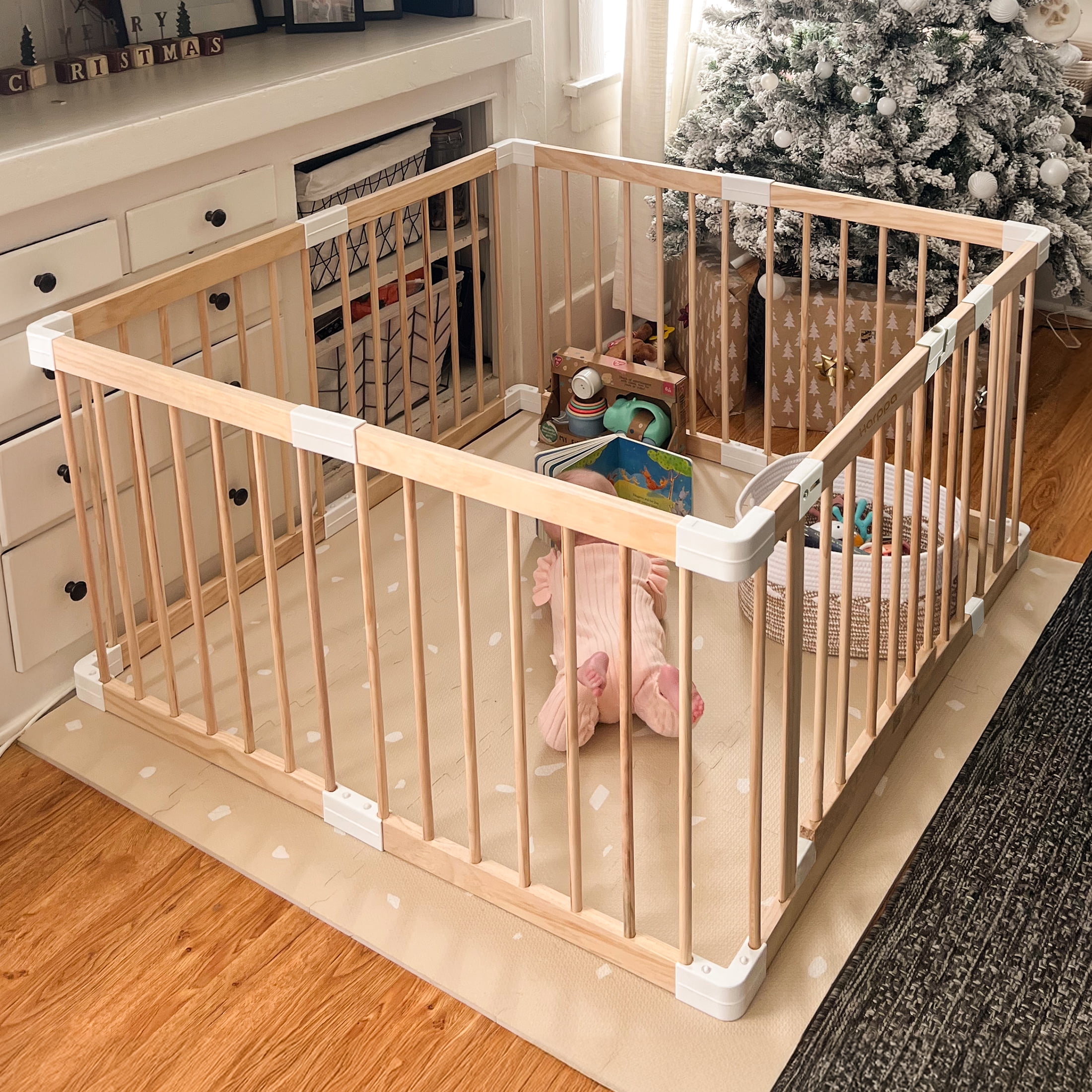 HARPPA Wooden Baby Playpen with Gate, Play Yard Fence for Toddlers, Greenguard gold certified,43.3" x 43.3" x 24"