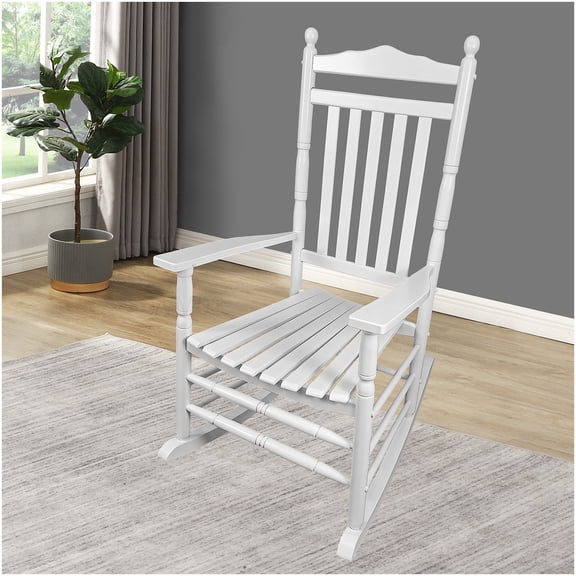 Outdoor Indoor Solid Wood Rocking Chair, White Patio Balcony Porch Rocker with Armrests