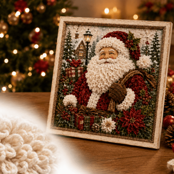 Christmas Punch Needle Kit DIY Embroidery Set, Santa Pattern with Preprinted Fabric, Yarn, Needle and Wood Frame for Holiday Craft Gift