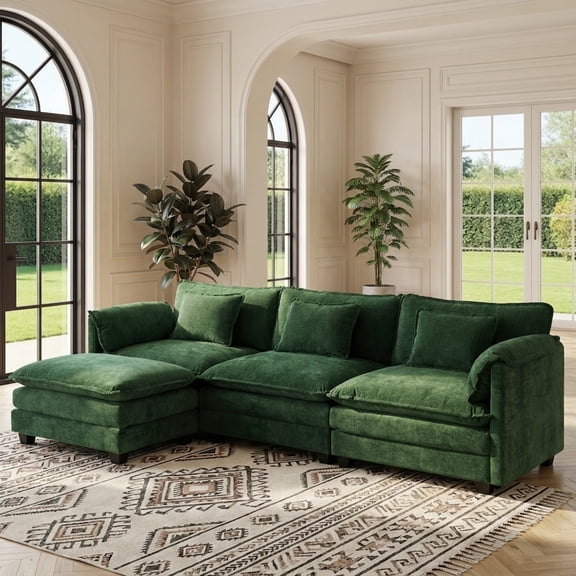 JULY'S SONG L Shaped Couch Set, 3-Seater Modular Sectional Sofa with Movable Ottoman, Deep Seat Couches and Sofas for Living Room, Comfy Cloud Couch with Detachable Cushions, Chenille Green