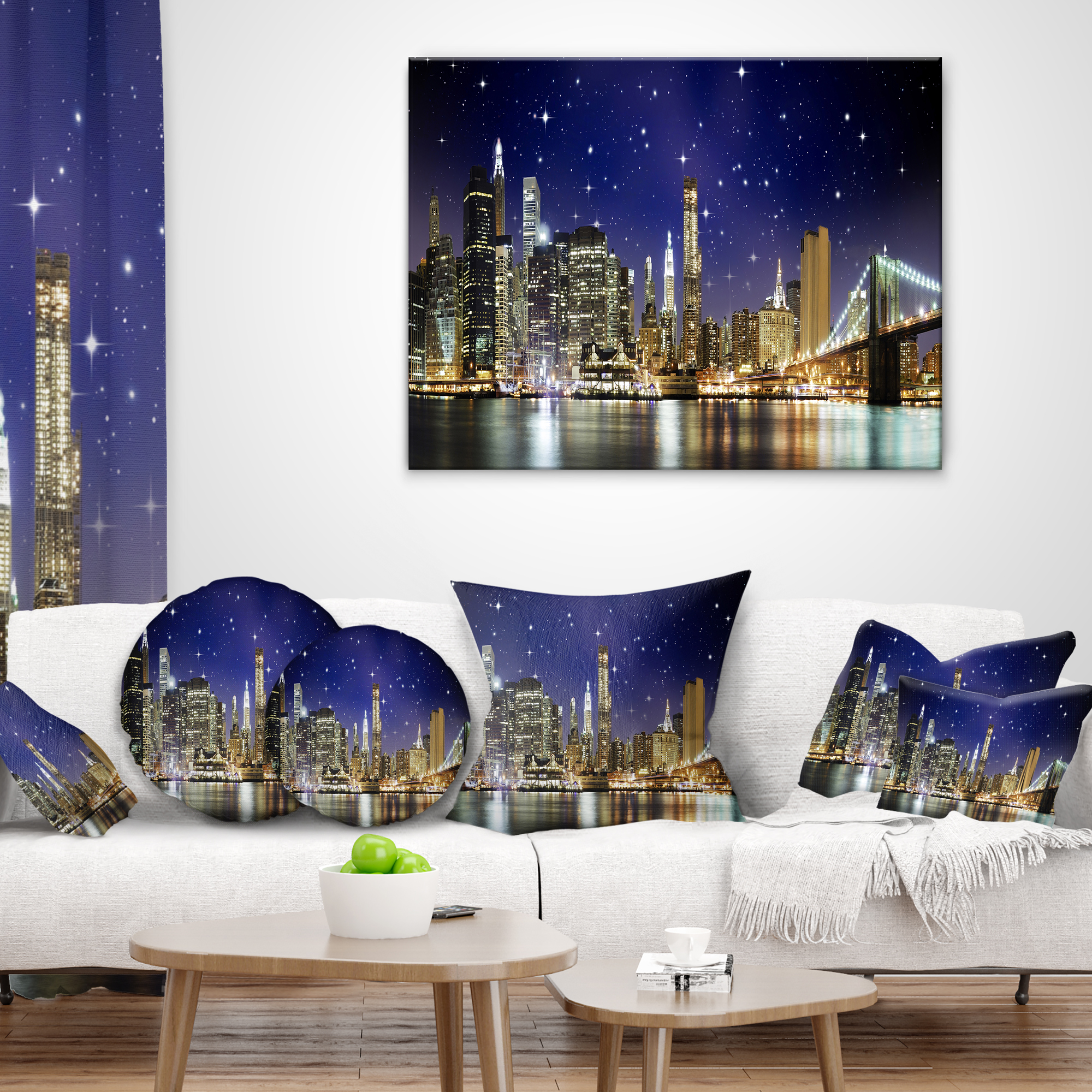 Designart Night Colors over Brooklyn Bridge - Cityscape Photo Throw Pillow - 18x18