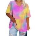 thumbnail image 4 of Plus Size Women's V-Neck Short Sleeve Tie-Dye Ombre Print Summer Basic Top, Loose Fit Stylish Plus Size Tee for Everyday Casual Wear and Weekend Outings Pink XXL, 4 of 5