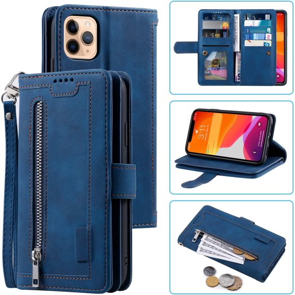 WillCase Leather Wallet Magnetic Case Shockproof Leather Zipper Flip Cover Credit Card Holder with 9 Card Slots for iPhone 14 (Blue)