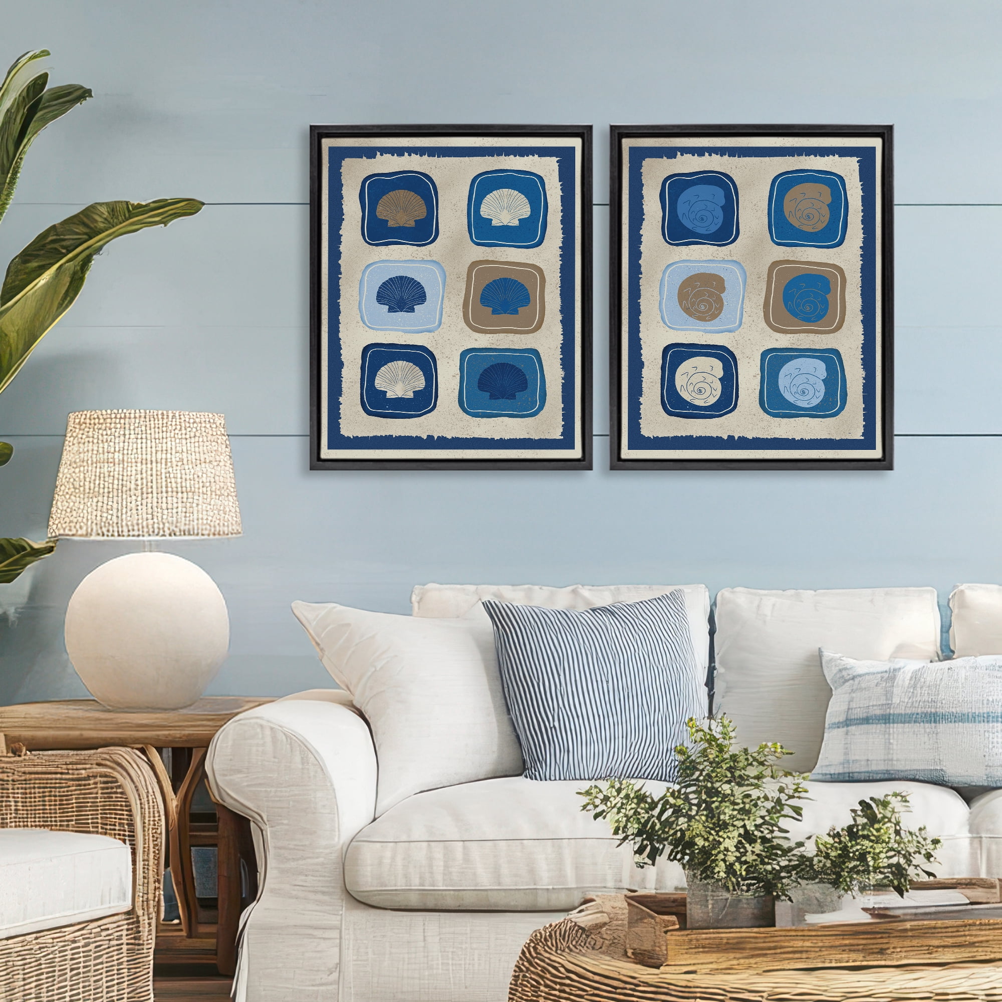 Stupell Industries Blue Blocked Seashells 2 Piece Black Framed Floater Canvas Set, design by Julia Frost