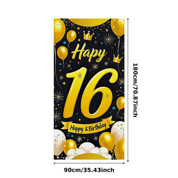 Black Background Golden Theme 16th Birthday Banner Happy Birthday Party Decorations Backdrop Photo Booth Props Balloon Crown Stars Party Supplies