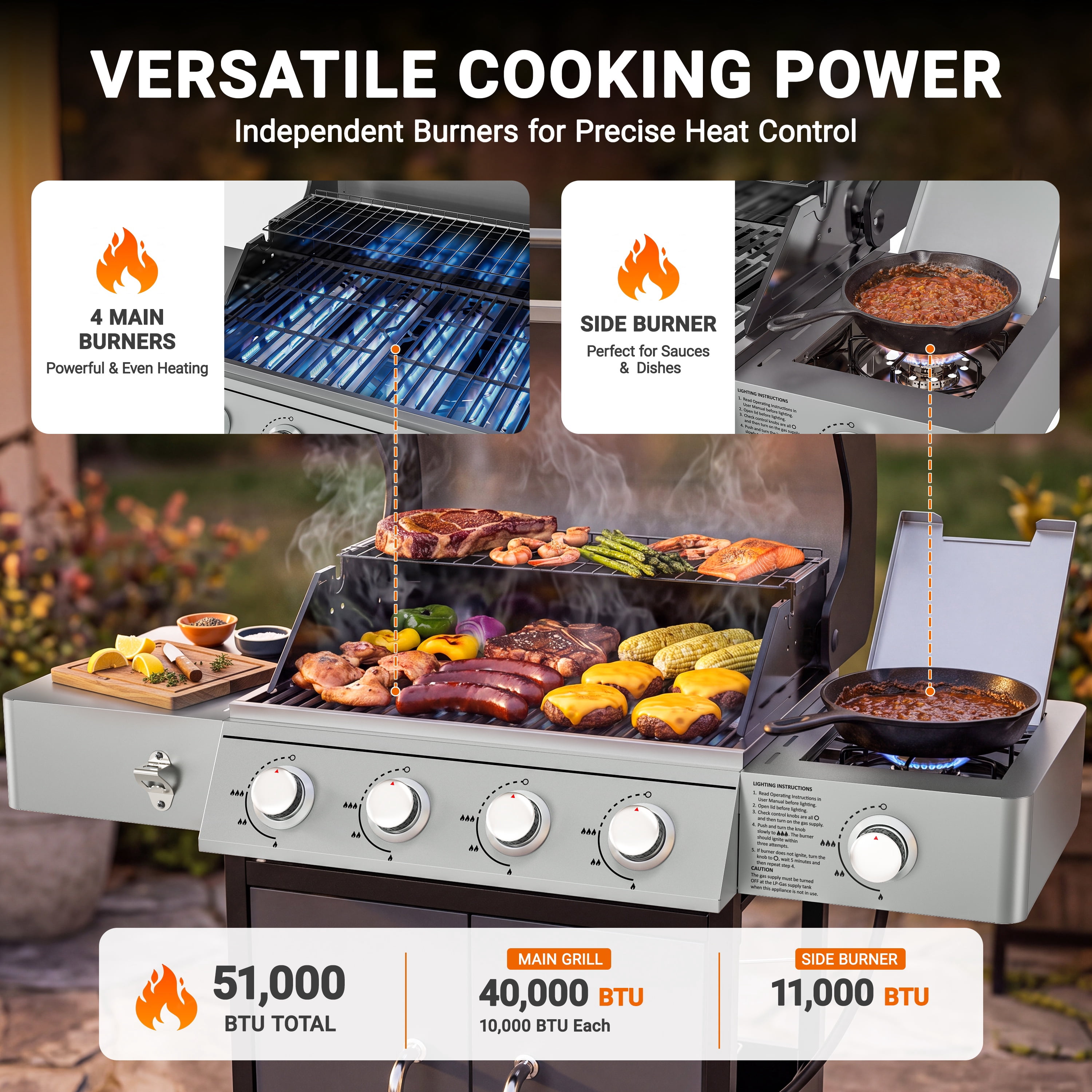 4-Burner Gas Grill with Side Burner, 51,000 BTU Propane BBQ Grill with Porcelain-Enameled Cast Iron Grates, Built-in Thermometer, Ideal for Patio Camping Outdoor Cooking
