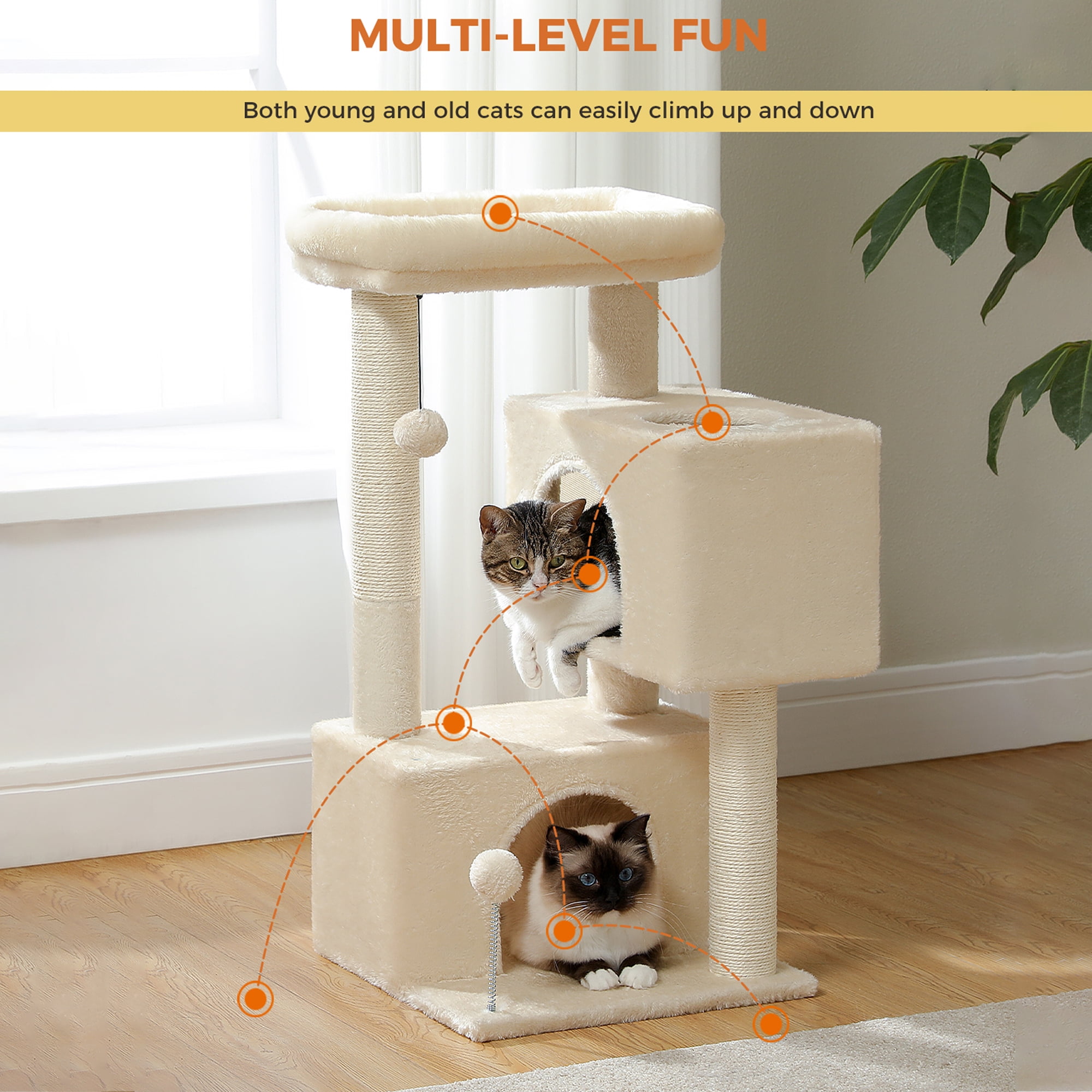 Pefilos 31" Multi-Level Cat Tree Tower, Cute Sisal Play House Climber Activity Centre Furniture with Scratching Posts Hammock Dangling Ball, Beige Pefilos 31" Multi-Level Cat Tree Tower, Cute Sisal Play House Climber Activity Centre Furniture with Scratching Posts Hammock Dangling Ball, Beige