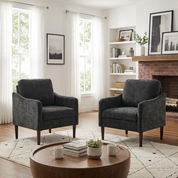 Mid Century Modern Accent Chair Set of 2, Chenille Upholstered Armchair with Curved Arms, Comfortable Lounge Chair for Living Room Bedroom Office Reading Area