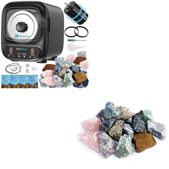 KomeStone K2 Elite Noise-Reduction& Cutting-Edge Brushless Motor Rock Tumbler Kit & Rough Gemstones (1 Lbs)