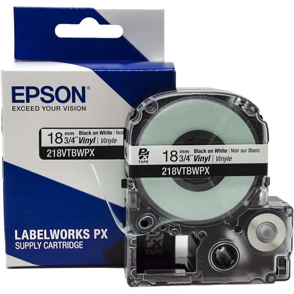 Epson LABELWORKS 218VTBWPX - Black on White Vinyl Label Maker Tape - 3/4" (18MM) Wide, 22.9 ft