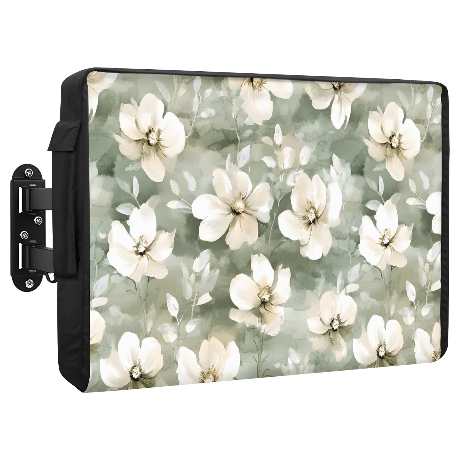 Vintage Magnolia Outdoor TV Cover 60 to 65 Inch White Blooming Floral Green Oil Painting Weatherproof and Waterproof TV Cover Heavy Duty Outside Flat TV Screen Protector with Remote Control Pocket