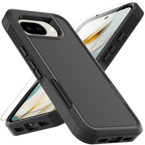 Dual Layer Phone Case compatible with Google Pixel 10A 2026, Shockproof Heavy Duty Rugged Protective Cover with Screen Protector, Military Protection Tough Bumper, Black