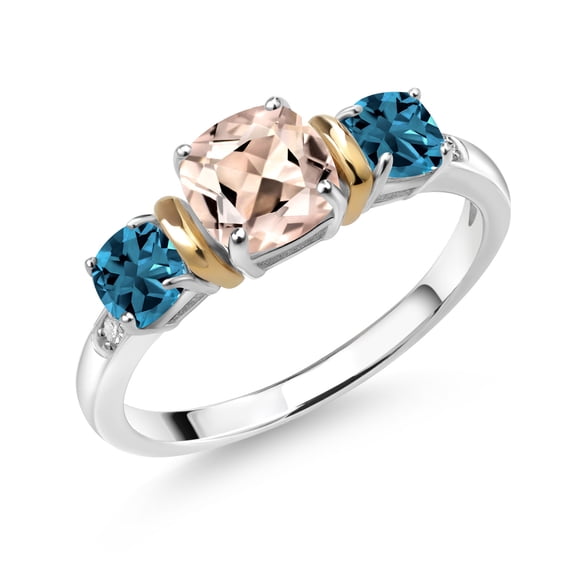 Gem Stone King 1.55 Ct Peach Morganite London Blue Topaz 925 Silver and 10K Yellow Gold Diamond 3-Stone Ring (Size 5)